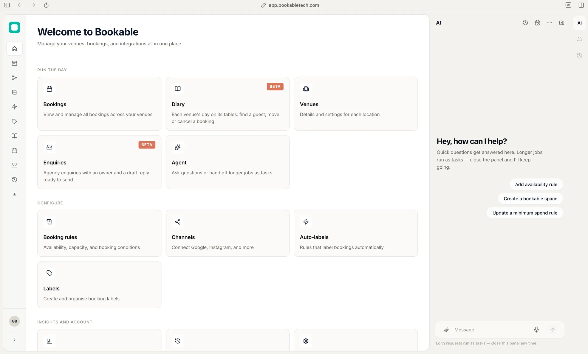 Bookable's web app with the Bookable agent open in the side panel, suggesting tasks like adding an availability rule, creating a bookable space, and updating a minimum spend rule.